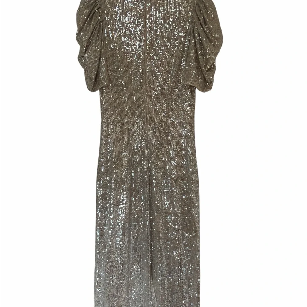 H&M Gold Sequin Midi Dress XS Stretch Puff Sleeve Party Cocktail Glam - Picture 9 of 12